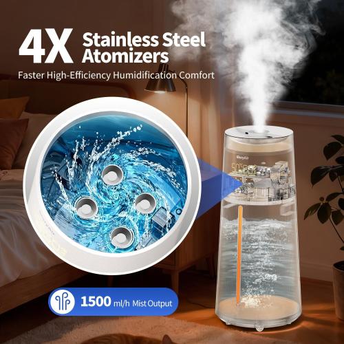 Humidifier for Large Room-6.3Gal Cool Mist, Top Fill,3000ft²,Beige | Commercial Humidifier with 4X Atomizers,1500mL/h Mist Output with Auto Mode,40H Runtime,Quiet Humidifiers for Bedroom & Plant