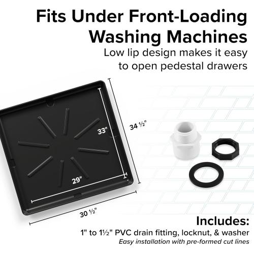 Camco Low Profile Washing Machine Drain Pan with PVC Fitting, 30.5-Inch x 34.5-Inch, Graphite - Protects Your Floors from Washing Machine Leaks - Easy to Use - Graphite - 20784