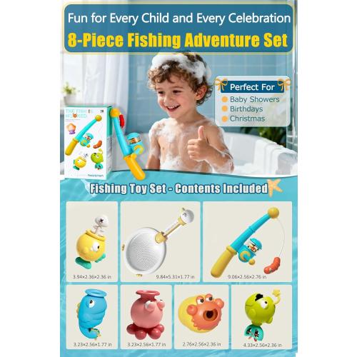 Bath Toys for Kids Ages 1-3 - Magnetic Fishing Toy Set (8 PCS) with 5 Floating Sea Animals, Net & Water Sprayer, Fun Baby Bath & Swim Time Activity, Ideal Gift for 1-6 Year Old Boys & Girls
