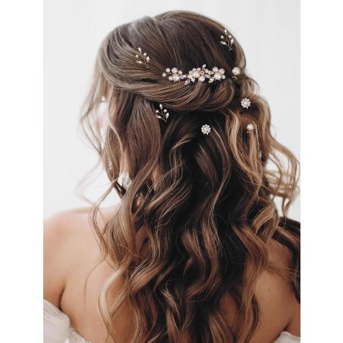 13 Pieces Pearl Crystal Bridal Hair Pins Rhinestone Flower Wedding Gold Hair Pieces Prom Accessory for Women Wedding Hairstyles