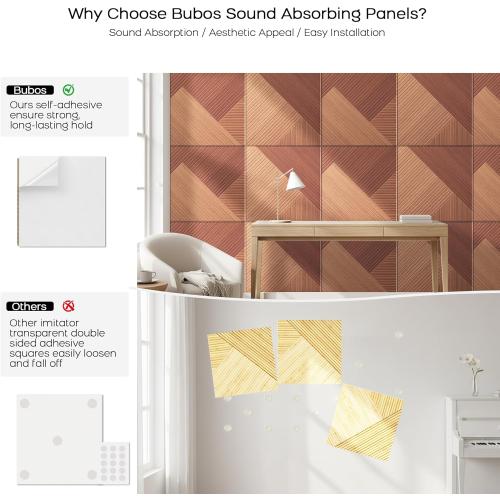 BUBOS Self-Adhesive Acoustic Wall Panels,6 Pack Wood-Pattern Soundproof Wall Panels, Total Size 70.8 x 47.2 Inches Decorative Sound Absorbing Panels for Studio, Home,Deep Diamond Weave