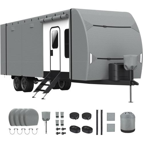 RV Cover, Upgraded Heavy Duty Waterproof RV Travel Trailer Cover Thick 7 Layers Top Fits 30'-33', Anti-UV & Windproof Camper Cover with Tongue Jack Cover, Tire Covers and Gutter Covers