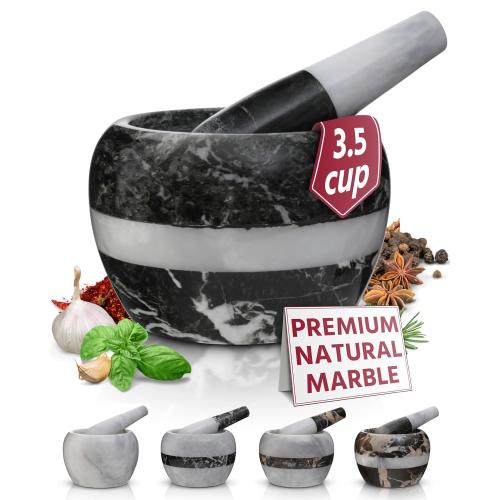 Gusto Nostro Natural Marble Mortar and Pestle Set | 6 Inch - 3.5 Cup Extra Large Mortar Pestle Set for Grinding Herbs, Nuts, Grains | Pesto Grinding and Guacamole Stone Bowl | Marble Spice Crusher