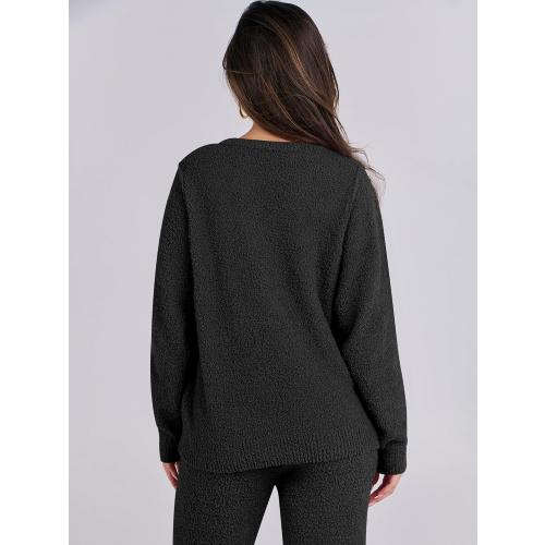 ANRABESS Women's Fuzzy  Pajama Sets 2 Piece Outfits Long Sleeve Top Wide Leg Pants Lounge Matching Set 2025 Fall Winter size XS