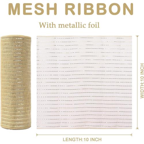 2 Rolls 10 Inch X 10 Yards(30 Ft) Light Champagne Metallic Mesh Ribbon with Gold Foil Mesh Ribbon for Wreath Swags Christmas Craft Home and Party Decor