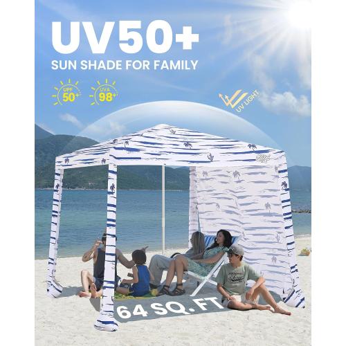 Beach Cabanas for Sand, Foldable Beach Canopy with Sandbags 8' | 43 Compact Fold, 8' x 8' Fits 6 Person, UPF 50 , Wind-Resistant, Privacy Side Wall, Easy Setup, 6.5-8' Adjustable Height