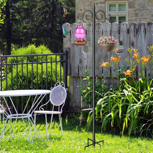 Double Shepherds Hooks for Outdoor, 108 Inch Heavy Duty Bird Feeder Pole with 5 Prongs Base, Adjustable Shepherds Hook for Bird Feeder, Garden, Weddings, Hanging Plant, 1 Pack
