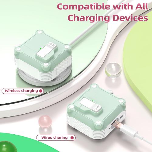 R-fun Compatible with AirPods 4th Gen Case, Full Drop Protection Auto Pop-Up Lid and Lock Design with Cleaner Kit and Keychain for AirPods 4 2024-White/Mint Green