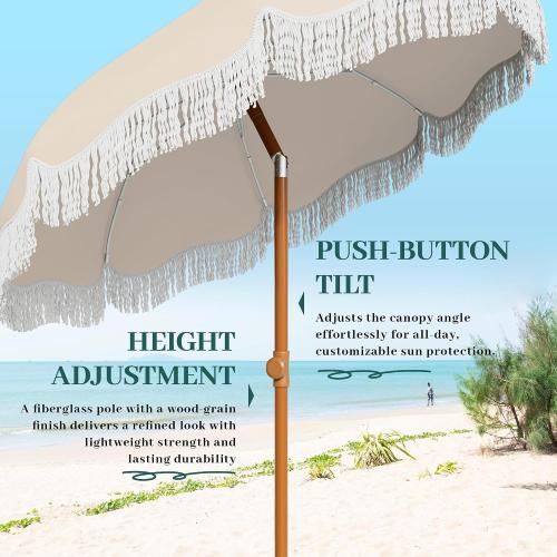 AreShark 7ft Patio Umbrella with Fringe, UPF50  Beach Umbrella for Table, Pool & Garden, Portable Outdoor Tassels Umbrella w/Fiberglass Ribs&Push Bottom Tilt(Ivory)