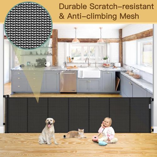 Reinforced 200 Inch Extra Wide Retractable Baby Gates to Prevent Crawling Through, Indoor/Outdoor Baby Gates for Decks, 16 ft Mesh Retractable Fence/Barrier/Blocker/Screen Gate for Garage, Black