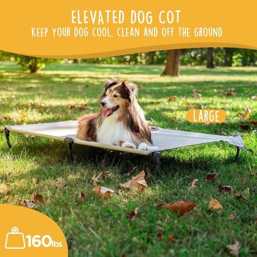 Daisy Cot, Large Foldable Elevated Dog Bed, Portable Raised Outdoor Folding Dog Cot, Cooling, Chew Proof, Waterproof, Heavy Duty Up to 160 Lbs for Camping/Home, Tan, 43x27x7”
