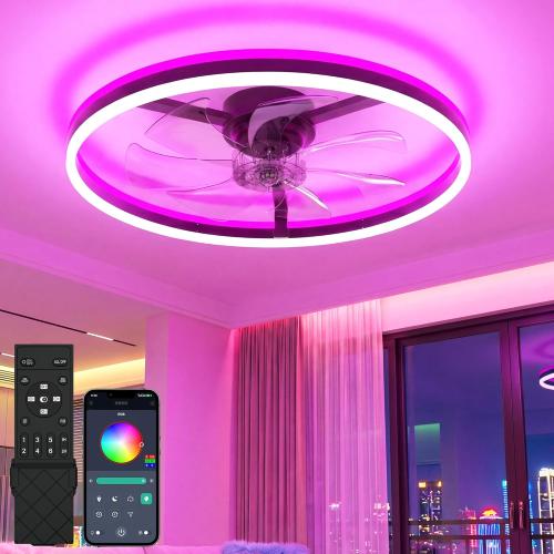 RGB Ceiling Fan with Light and Remote,24 Fandelier Smart Ceiling Fan,Black | Low Profile Ceiling Fan with Light, Dimmable Flush Mount Ceiling Fan, Modern Bladeless Ceiling Fan, 6 Speeds Ceiling Fan RGB