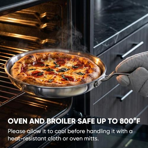 10 5-Ply Stainless Steel Frying Pan | dual aluminum core, uncoated surface, oven & broiler safe 800°F, induction ready, dishwasher safe, searing & family meals