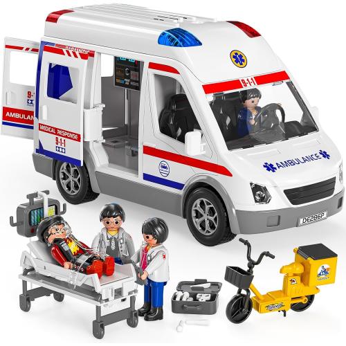 TEMI Ambulance Toy for Kids, Emergency Vehicle Toy, Friction Powered Truck | Light and Sound, Role Playing Play Vehicles with Figures Toys, Car Toy, Birthday Gifts for Age 3 4 5 6 7 8 Boys Girls