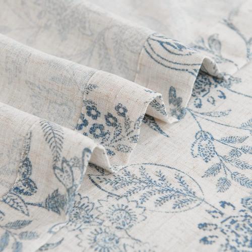 Lazzzy Linen Farmhouse Curtains for Living Room 84 Inch Length Floral Print Window Curtains Semi Sheer Drapes for Bedroom Country Light Filtering Curtain Grommet Top 2 Panels Blue on Beige