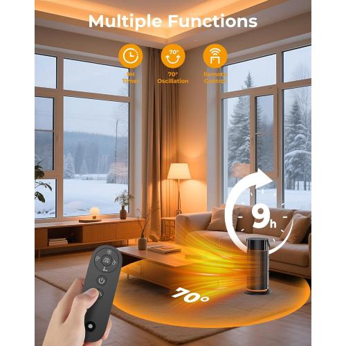 Portable Electric Space Heater - 1500W PTC Ceramic Fast Safety Heat Heaters with Remote, Timer, 70° Swing, LED Display and Child Lock for Office Bedroom Home Indoor Use