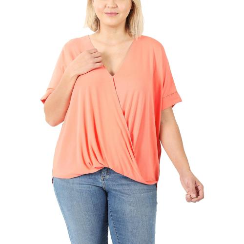 FashionMille Women's 2XL Plus Size V-neck Draping Front Drop Shoulder High-Low Jersey Top