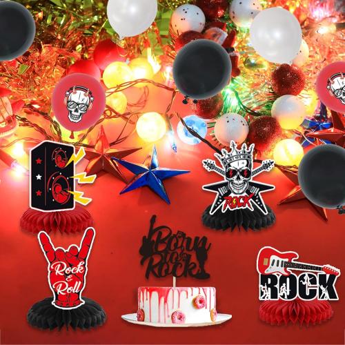 Crenics Rock and Roll Birthday Party Decorations - Happy Birthday Backdrop, Born to Rock Banner, Swirls, Honeycomb, Paper Pom Poms and Balloons for Star Music Decorations