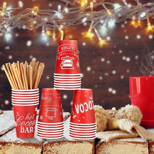 48 Pcs 9 oz Hot Cocoa Bar Disposable Coffee Cups Christmas It's Cold Outside Tea Paper Cup with Lid and Straw for Christmas Baby Shower Party Supplies(Red)