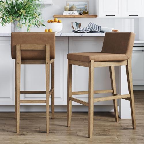 Nathan James Gracie Modern Upholstered Bar Chair, Wooden Bar Stool for Kitchen Island with Faux Leather Upholstery, Light Brown, Set of 2