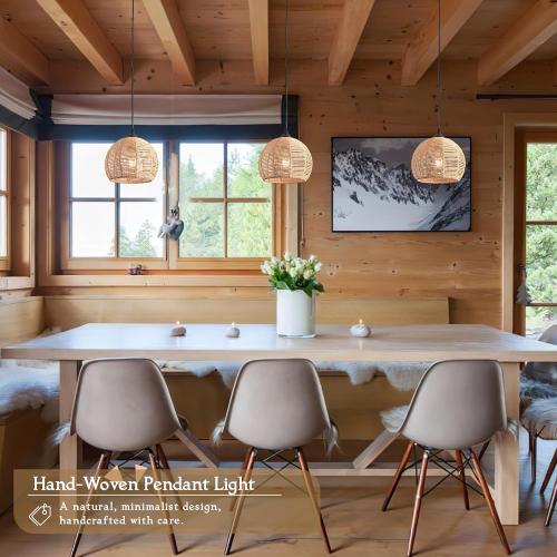 3 Pack Wicker Pendant Light Natural Woven Pendant Light Boho Chandelier Light Fixture Dome Rustic Farmhouse Pendant Lights Rattan Light Fixture for Dining Room Kitchen Island (Bulb Incl.)