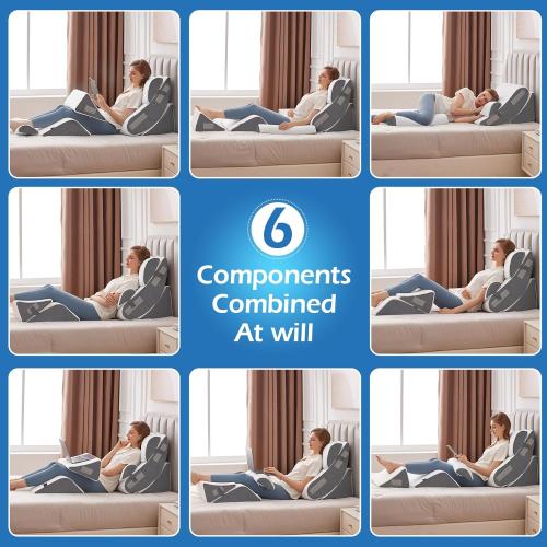 6PCS Wedge Pillow Set for After Surgery, Orthopedic Bed Wedge Pillow for Headboard, Memory Foam Back Pillow for Bed Sitting Up, Sit Up Pillow for Acid Reflux Relief, GERD, Anti Snoring (White)