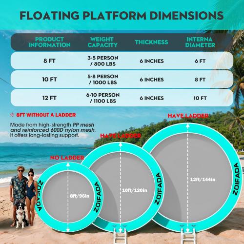Inflatable Water Hammock Round Floating Ring,8/10/12FT Heavy Duty Pool Float for Adults,Inflatable Tanning Pool Float Island Dock for Lake/River/Ocean,w/Cup Holder,10FT&12FT Include 4-Step Soft Ladder