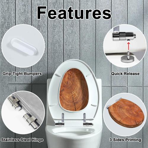 Elongated Toilet Seat Thick tree cut rings Resin Toilet Seat with Quietly Close Quick Release Hinges Decorative Toilet Seat with Cover Easy to Clean and Install Rustic Bathroom Decor