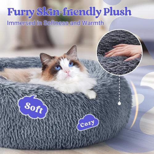 Beds for Indoor Cats, 20 inches Cat Bed Machine Washable, Fluffy Round Pet Bed Non-Slip, Calming Soft Plush Donut Cuddler Cushion Self Warming for Small Dogs Kittens, Dark Grey, Medium