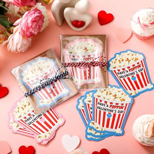 Tenceur 48 Pcs Valentine's Day Popcorn Tag Have a Poppin' Valentine's Day Gift Tags with OPP Bags and Ropes Valentines Labels Card for Popcorn Notecard Exchange Gift School Classroom Party Favors