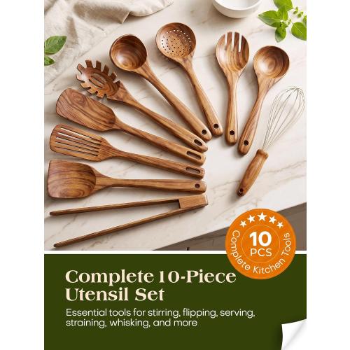 AIUHI 10Pcs Wooden Kitchen Utensils, Teak Wood Utensil Set for Kitchen, Heat-resistant Wooden Spoons for Cooking, Nonstick Wood Spatula Soup Ladle Tong Egg Whisk