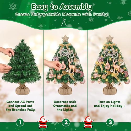 Livole 2 FT Small Christmas Tree, Mini Christmas Tree with Lights, Mini Tabletop Full Xmas Trees with 35 PCS Pink Ornaments, Merry Christmas, Xmas Tree for Table DIY Christmas Decor