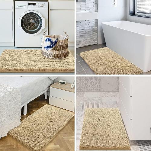 Smiry Luxury Chenille Bathroom Rugs 30x20, Extra Soft and Absorbent Shaggy Bath Mat, Machine Washable, Non-Slip Plush Carpet Runner for Tub, Shower, and Floor, Home Decor Accessories, Beige
