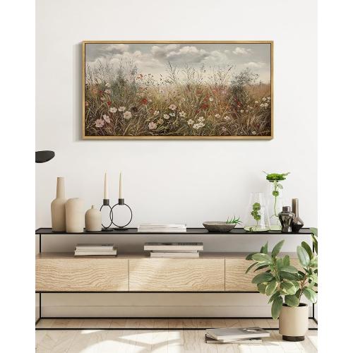SHENIFY Vintage Landscape Framed Wall Art Meadow with Flowers Farmhouse Decor Retro Wildflower Field Scenery Painting for Hallway Bedroom Living Room Dining Room - 20x40in Natural Framed