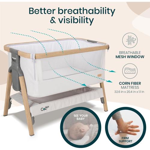 Tutti Bambini CoZee® 2-in-1 Baby Bassinet & Bedside Sleeper - Fast-Folding Bedside Bassinet, Baby Crib with 6 Mattress Heights & Breathable Mesh Window, Mattress Included, 0-6 Months (Silver & Oak) ‼️color different and mattress not included‼️