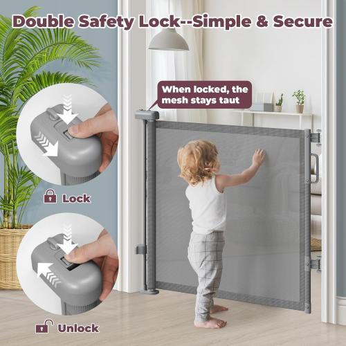 Retractable Baby Gate for Stairs, 55 Wide Mesh Dog Gate Indoor, 34'' Tall Child Gate for Doorways, Hallways, Deck, Indoor Outdoor Pet Baby Safety Essentials for Home, Grey