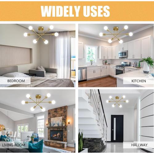 Gold Modern Sputnik Chandelier, 6 Light Flush Mount Ceiling Light Fixture, Mid Century Light Fixture Ceiling Mount for Kitchen Island Bedroom Dining Living Room Foyer UL Listed