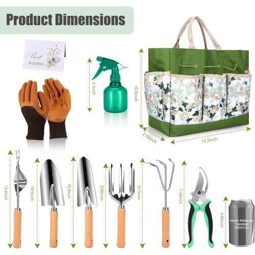 Garden Tools Set 10-Piece, Heavy Duty Stainless Steel Garden Hand Tools with Floral Tote Bag - Rust-Proof Garden Tools for Gardening, Gardening Gifts for Women Mom​