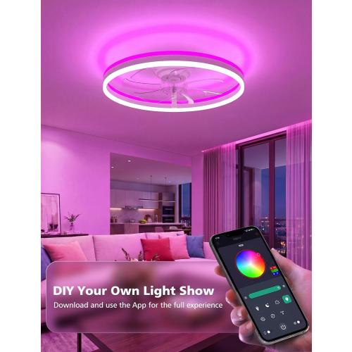 RGB Ceiling Fan with Light and Remote,24 Fandelier Smart Ceiling Fan,White | Low Profile Ceiling Fan with Light, Dimmable Flush Mount Ceiling Fan, Modern Bladeless Ceiling Fan, 6 Speeds Ceiling Fan RGB