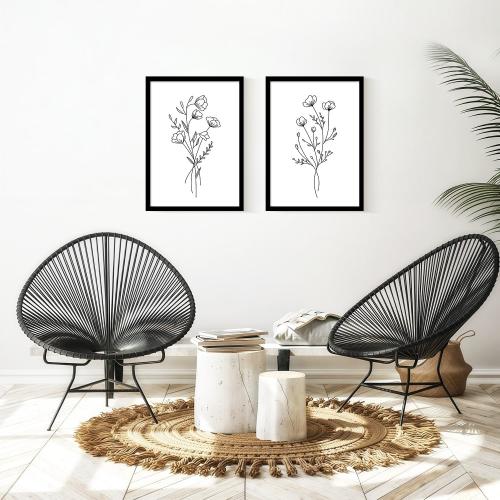 Framed Set of Two Canvas Wall Art Simple Botanical Line Print Black and White Floral Poster Modern Gallery Print for Living Room or Bedroom Wall Decor 12x16 Inch