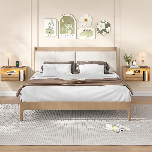 Maupvit Wood Floating Nightstand Set of 2, Wall Mounted Night Stand with Drawer and Charging Station, Bedside Table with Open Shelf, Led Nightstand for Bedroom, Easy Assembly