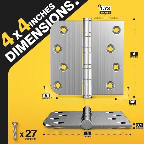KOLET Ball Bearing Door Hinges, 4 x 4 Inches Door Hinges, Square and 5/8'' Radius Corner, Heavy Duty Stainless Steel Hinges, Smooth and Quiet, Non Removable Pin, Brushed Nickel, 3 Pack