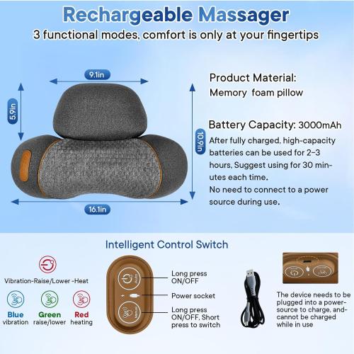 Upgraded Neck Massager Pillow, 3-in-1 Neck Massager, Traction Massage with Heat, Neck Pillow for Shoulder Pain, Deep Tissue Pain Relief,Rechargeable TheraPillow