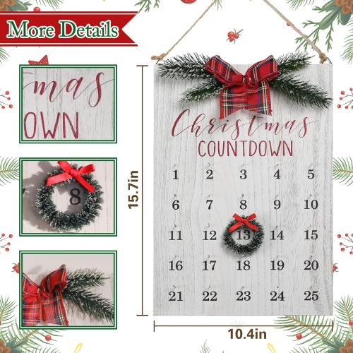 Christmas Countdown Calendar, Farmhouse Christmas Wreath Calendar, Vintage Advance Count Down to Christmas Sign, Xmas Wooden Hanging Decor for Wall Holiday (White)