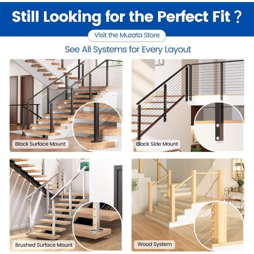 Muzata Size  10-15FT Modular Black Cable Railing Kit 36 Inch 3 Stair Post Kit Complete Set Cable Railing System for Stairs Length Adjustable Easy DIY with Paper User Guide (No Handrail) RWS1 BA4S