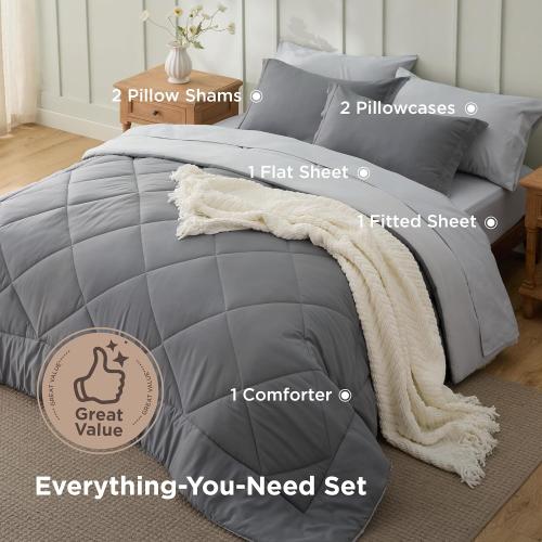 Bedsure Full Size Comforter Set - 7 Pieces Reversible Grey Bedding, Full Size Bed Set for All Seasons, Bed in a Bag with Down Alternative Comforter, Sheets, Pillowcases & Shams