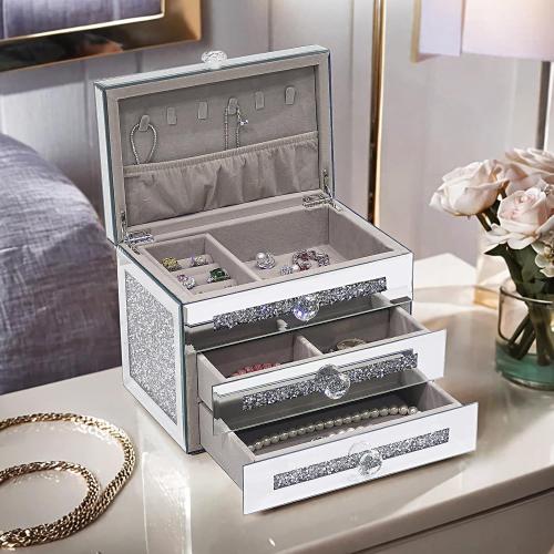 Mirrored Jewelry Box,3-Layer 2 Drawers Glass Jewerly Organizer with Lid,Necklace Ring Earring Storage Boxes,Silver Crushed Diamond Home Decor,Gift Idea