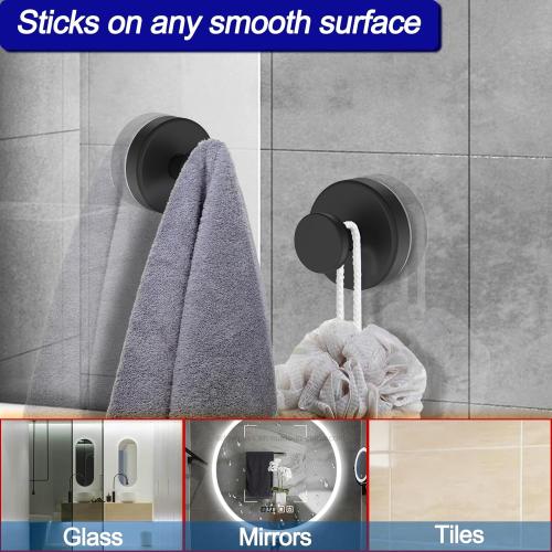 Suction Cup Hooks for Shower, Removable Towel Hooks for Bathroom Window Glass Door Wall, Bath Robe Looafh Wreath Hook for Hanging - 2 Pack, Black