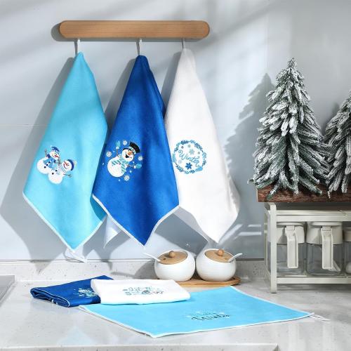 Geyoga 6 Pcs Winter Hand Towels Snowman Embroidered Blue Rustic Bathroom Towels for Winter Bathroom Kitchen Farmhouse Decor Gifts, 13.8 x 23.6 Inch