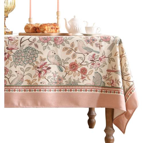 Size  67 Color Pink patdrea Designer Pink Linen Table Cloth for Rectangle Table,Vintage Floral with Birds Pattern Decorative Tablcloth,French Table Cover for Kitchen Dining,Thanksgiving,Christmas,